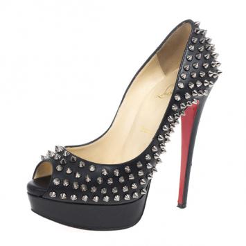 Christian Louboutin Black Lady Peep Toe Spikes Platform Pumps Size 37.5
