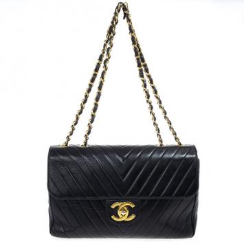 Chanel Black Chevron Lambskin Jumbo XL Classic Flap Bag