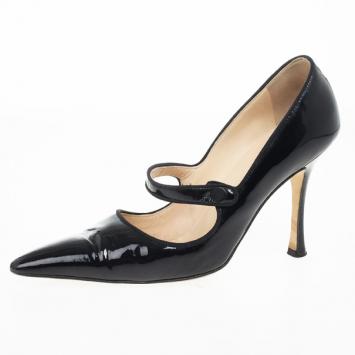 Manolo Blahnik Black Patent Campari Mary Jane Pumps Size 38