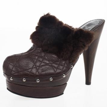 Dior Brown Leather Cannage 'Ice' Rabbit Fur Platform Clogs Size 37