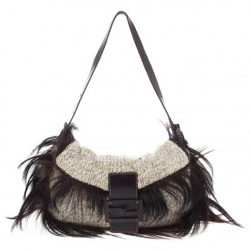 Fendi Brown Fur White Knit Baguette Bag