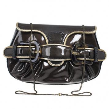 Fendi Dark Green Patent Leather Mini B Bis Evening Clutch