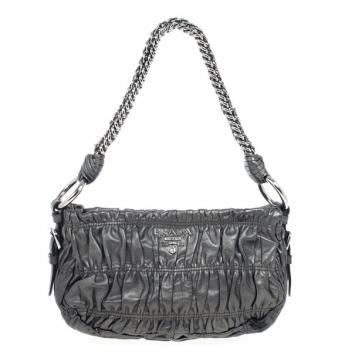 Prada Grey Nappa Leather Gaufre Gathered Shoulder Bag