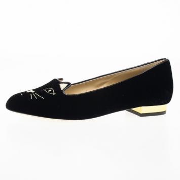 Charlotte Olympia Kitty Embroidered Velvet Flats Size 37