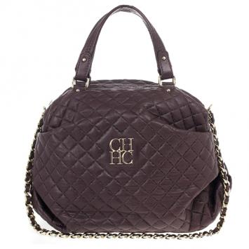 Carolina Herrera Brown Lambskin Quilted Stitching Bowling Bag 