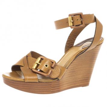 Chloe Brown Leather Ankle Strap Wooden Wedges Size 38