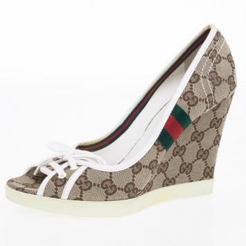 Gucci Guccissima Canvas Lace Up Peep Toe Wedges Size 38.5