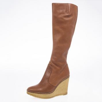 Yves Saint Laurent Brown Leather Knee-High Rubber Wedge Boots Size 38