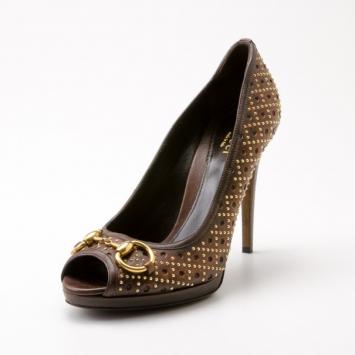 Gucci Brown Leather New Hollywood Studded Horsebit Peep Toe Pumps Size 39