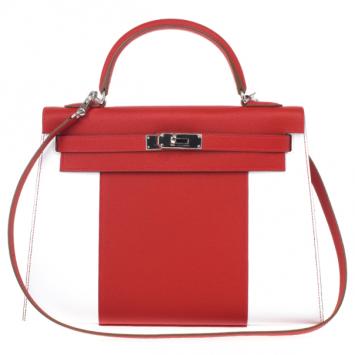 Hermes Red and White Sellier Epsom Leather and Palladium Hardware Kelly 32