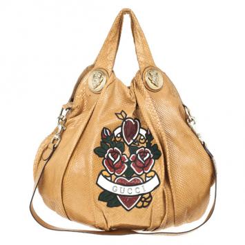 Gucci Tan Python Leather`Hysteria' With Heart Tattoo Print Hobo