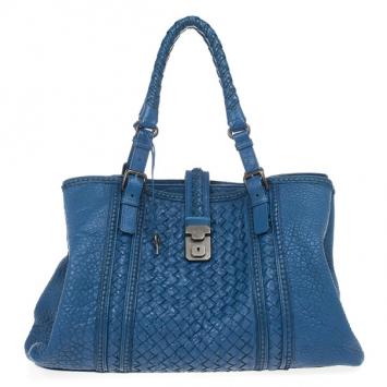 Bottega Veneta Blue Woven Nappa Leather Roma Bag