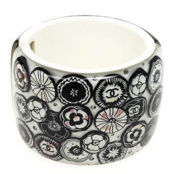 Chanel Black & White Camellia Crystal Cuff Bracelet