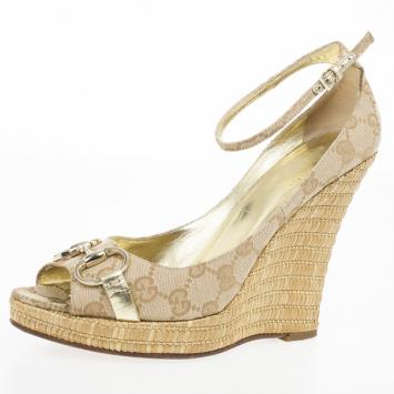 Gucci Guccissima Canvas Horsebit Ankle Strap Espadrilles Wedges Size 39