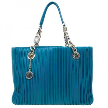 Bvlgari Blue Nappa Plisse Leather Teal Shopping Tote
