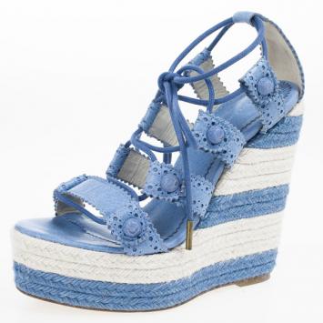 Balenciaga Blue Leather Lace-Up Espadrille Wedges Size 37