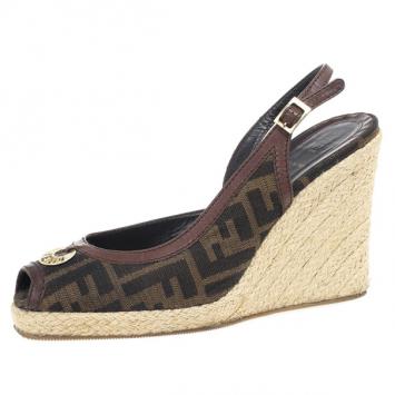 Fendi Tobacco Zucca Peep Toe Slingback Espadrilles Wedges Size 39
