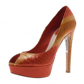 Dior Orange Python Miss Dior Peep Toe Platform Pumps Size 36.5