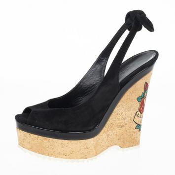 Gucci Black Suede Tattoo Collection UNICEF Slingback Wedge Sandals Size 38.5