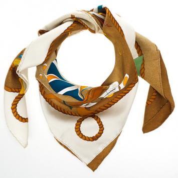 Hermes Brown 'Les Folies Du Ciel' Silk Square Scarf 