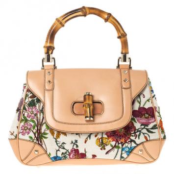 Gucci Flora Print Bamboo Satchel Bag