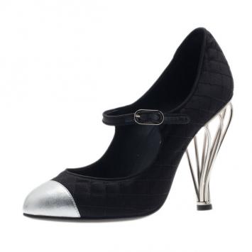 Chanel Black Quilted Satin Cap Toe Mary Jane Pumps Size 38