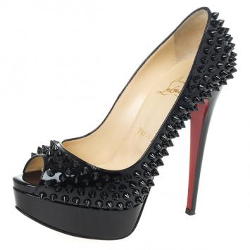 Christian Louboutin Black Patent Lady Peep Toe 150mm Spikes Platform Pumps Size 36.5
