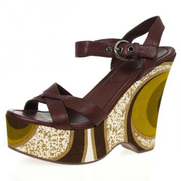 Miu Miu Brown Leather Platform Wedge Sandals Size 38