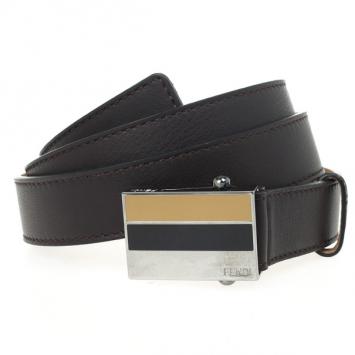Pre Owned Fendi Brown Leather Striped Enamel Sliding Buckle Belt 105 CM