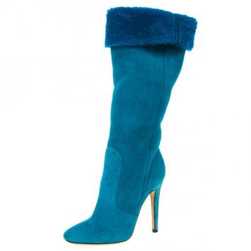 Jimmy Choo Blue Suede &amp; Fur Tattoo Pull On Boots Size 36 