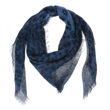 Alexander McQueen Blue Leopard & Skull Print Cashmere and Silk Square Scarf