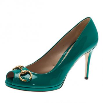 Gucci Turquoise Patent New Hollywood Horsebit Peep Toe Pumps Size 38.5