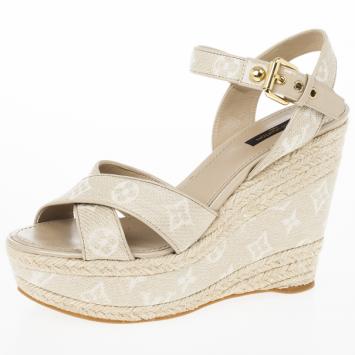 Louis Vuitton Beige Monogram Denim Formentera Espadrilles Wedge Sandals Size 39.5
