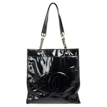 Chanel Black Patent Leather CC Logo Jumbo Shopping Tote Bag