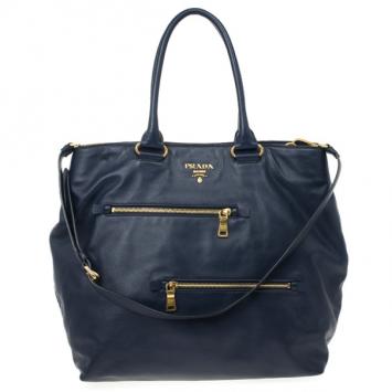 Prada Navy Calf Skin Zipper Tote