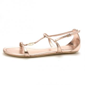 Gucci Rose Gold Leather Logo Charm Strappy Sandals Size 37