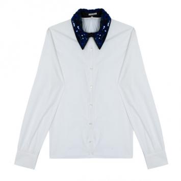 Miu Miu Blue Sequined Collar White Poplin Shirt L
