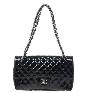 Chanel Black Patent Quilted Secret Label Medium Flap Bag