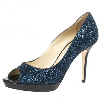 Jimmy Choo Blue Coarse Glitter Luna Peep Toe Pumps Size 37.5