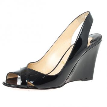 Christian Louboutin Black Patent Marplesoft Slingback Wedges Size 38