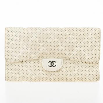Chanel White Perforated Leather Continental Wallet