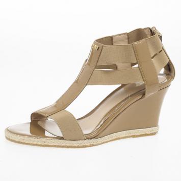 Fendi Beige Patent T-Strap Espadrille Wedge Sandals Size 39