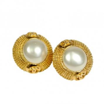 Chanel Vintage Faux Pearl Gold Tone Earrings