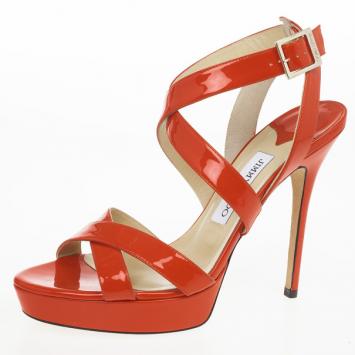 Jimmy Choo Orange Patent Vamp Platform Sandals Size 40
