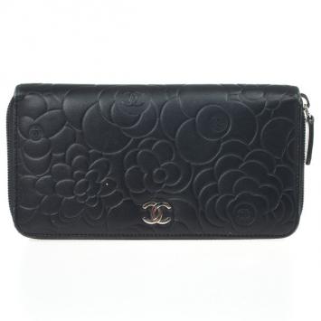 Chanel Black Leather Camelia Zip Wallet