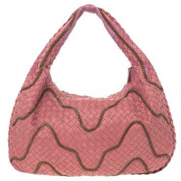 Pre Owned Bottega Veneta Pink Intrecciato Nappa Leather Chain Medium Veneta Hobo Bag