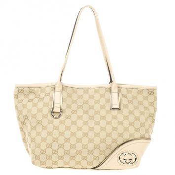 Gucci New Britt Medium Tote Beige and Ebony GG Canvas