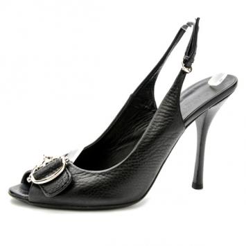 Gucci Black Leather 'Techno Horsebit' Peep Toe Slingback Sandals Size 39