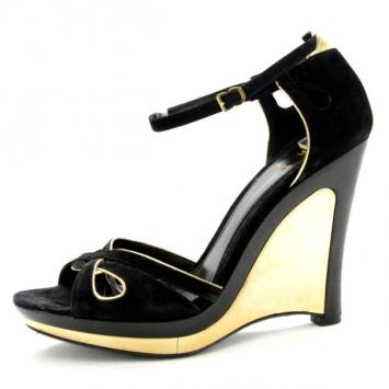 Fendi Black Metallic Suede Wedge Sandals Size 38.5