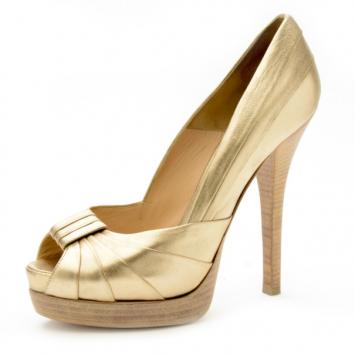 Fendi Gold Metallic Leather Pleated Peep Toe Platform Pumps Size 39